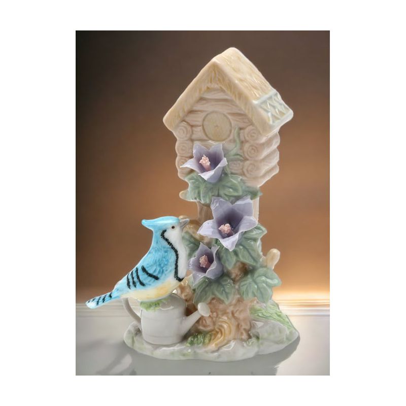 Kevins Gift Shoppe Ceramic Blue Jay Bird near Birdhouse with Flowers Figurine, 2 of 4