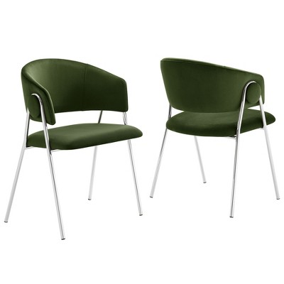 Modway Nella Barrel Dining Chairs – Set of 2 Moss Green Velvet Armchairs with Silver Legs, Mid-Century Modern Living Room or Dining Seating