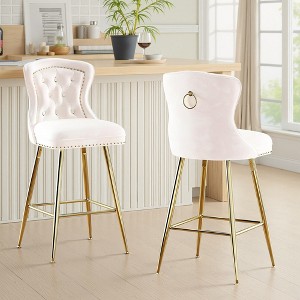 MAYEERTY Beige Velvet Bar Stools Set of 2, Button-Tufted Wing-Back,Metal Legs for Kitchen Island & Pub - 1 of 4