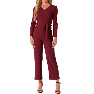 Allegra K Women's V Neck Jumpsuit Long Sleeve Tie Waist Wide Leg Long Pants Elegant Knit Jumpsuits - 1 of 4