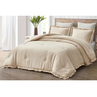 Evo Bytes Washed Microfiber Ruffled Comforter Set Soft Lightweight Bedding-Queen Comforter&2 Standard Shams-Sand