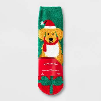 Kids' 2pk Buffalo Check Plaid & Golden Retriever Cozy Crew Socks with Gift Card Holder - Wondershop™ Red/Black