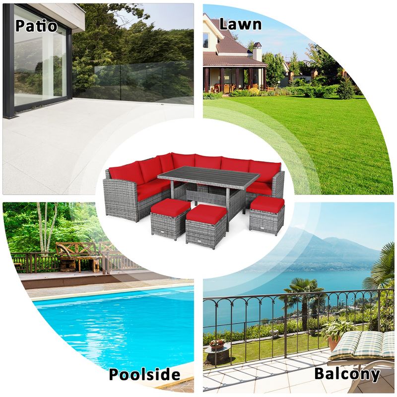 Costway 7 PCS Patio Rattan Dining Set Sectional Sofa Couch Ottoman Garden White\Red\Black, 5 of 11