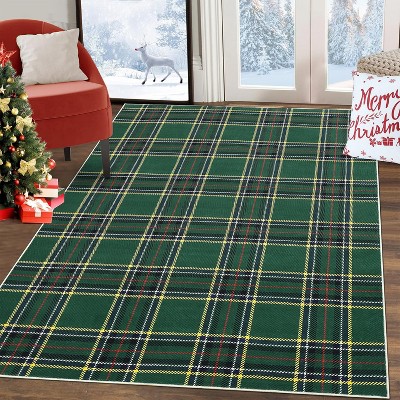 4x6 Christmas Buffalo Plaid Area Rug, Washable, Non-Slip, Stain-Resistant, Holiday Gingham Floor Cover, Farmhouse Accent for Dining/Bedroom, Green