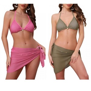 INSPIRE CHIC Women's 3-Piece Herringbone Halter Top Tie Side Triangle Bottom with Cover Up Skirt Bikini Suits 2 Sets - 1 of 4