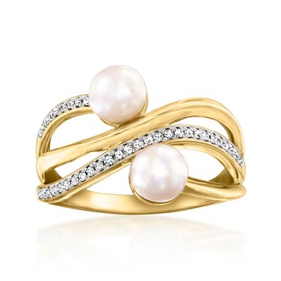 Ross-Simons 5.5-6mm Cultured Pearl and .10 ct. t.w. Diamond Swirl Ring in 18kt Gold Over Sterling