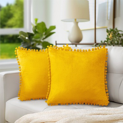 Mustard Yellow Velvet Square Throw Pillow Covers with Pom Pom Fringe, 20'' x 20''