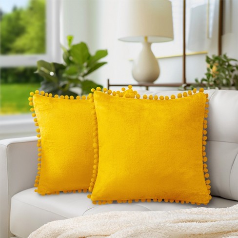 Pavilia Set Of 2 Pom Pom Throw Pillow Covers Decorative Pompom Fringe Square Cushion Cases For Couch Sofa Bed Yellow 20 X 20 Target