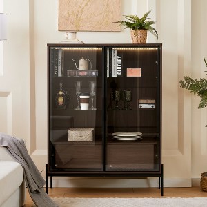 Lighted Display Cabinet LED Curio Cabinet Storage Cabinet with Tempered Glass Door, Metal Legs, Modern Minimalist Style, Black/Dark Walnut-ModernLuxe - 1 of 4