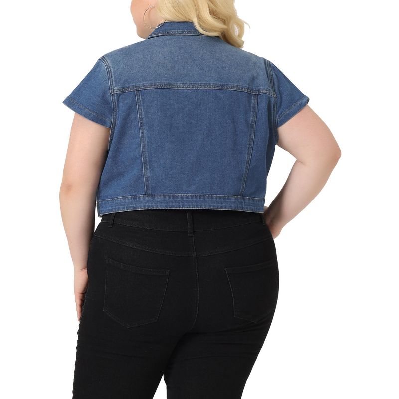 Agnes Orinda Women's Plus Size Denim Y2K Button Down Short Sleeve Streetwear Cropped Jean Jacket, 4 of 7