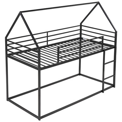 Bellemave Twin Over Full Metal Bunk Bed with Ladder, House Style Frame for Kids, Boys & Girls, Sturdy Black Bunk Beds for Bedroom