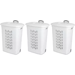 Sterilite Ultra Wheeled Laundry Hamper with Lift-Top and Pull Handle, White (3 Pack)