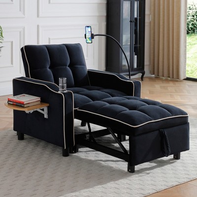 3-in-1 Adjustable Chaise Lounge with Side Table, Phone Holder&Cup box, Convertible Sofa Bed Sleeper Chair Accent Chair, Beige/Black/Blue-ModernLuxe