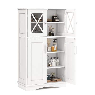 Tangkula Bathroom Floor Cabinet Storage Cabinet w/ 2 Glass Doors 3-Level Adjustable Shelves Anti-toppling Design