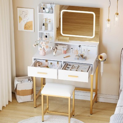 Vanity Desk with LED Mirror, 4 Drawers & Charging Station, 53" - 3 Light Modes, 2 Shelves for Bedroom