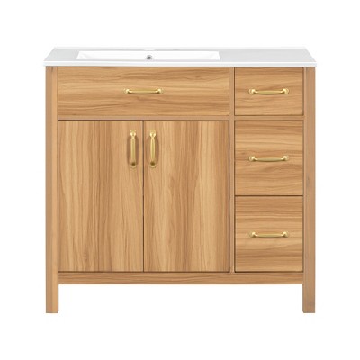 Vynxaria 36-Inch Bathroom Vanity - Solid Wood Frame, 2 Soft-Close Doors, 3 Soft-Close Drawers, Ceramic Sink - Modern for Small Bathrooms