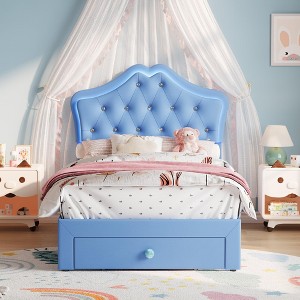 Twin Size Bed Frame, Upholstered Platform Bed Frame with Headboard & Storage Drawer for Kids, Teens, No Box Spring Needed, Noise-Free Slats - 1 of 4