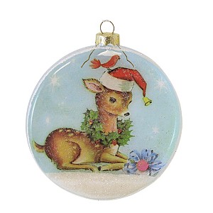 Bethany Lowe 4.0 Inch Brights Christmas Deer Glass Disk Christmas Cardinal Wreath Tree Ornaments - 1 of 3