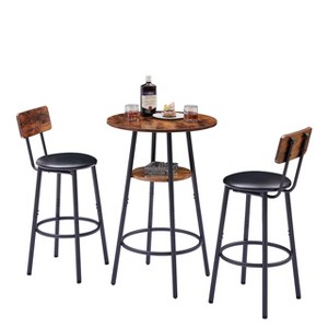 3-Piece Round Bar Set: 2 Upholstered Stools w/ Backrest & 1 Bar Table w/ Shelf, Rustic Brown, 23.62"W x 23.62"D x 35.43"H, One Size - 1 of 4