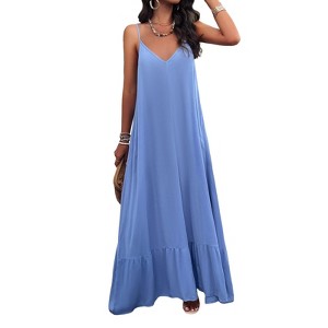 Women Summer Sundress V-Neck Sleeveless Spaghetti Strap Backless Maxi Long Beach Shirt Dress Travel Vacation Outfits - 1 of 4