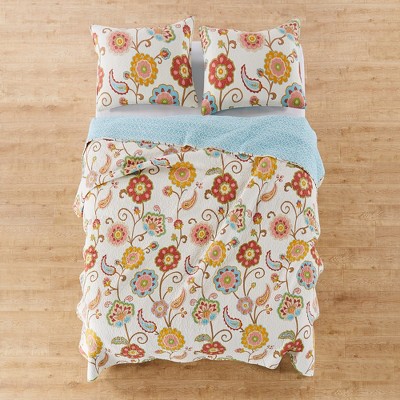 Ivory Floral Cotton Twin Quilt Set with Reversible Design