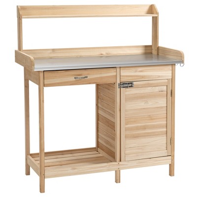 Natural Wood Potting Bench with Steel Tabletop and Storage Cabinet