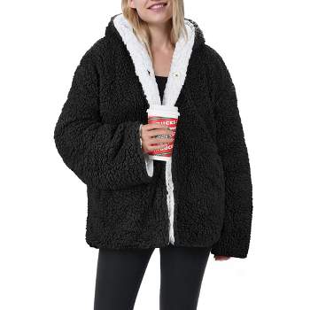Tirrinia Black Fleece Hooded Jacket Coat for Women, Super Soft Comfy Foxy Plush Reversible Casual Winter Blanket Jackets Hoodie