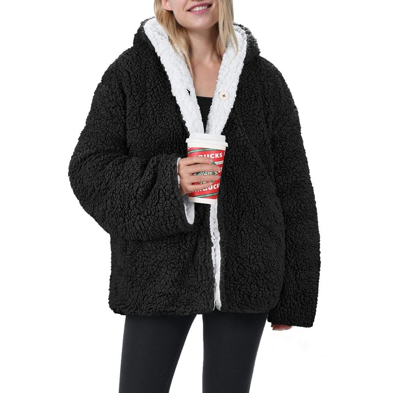 Tirrinia Black Fleece Hooded Jacket Coat for Women, Super Soft Comfy Foxy Plush Reversible Casual Winter Blanket Jackets Hoodie, 1 of 8