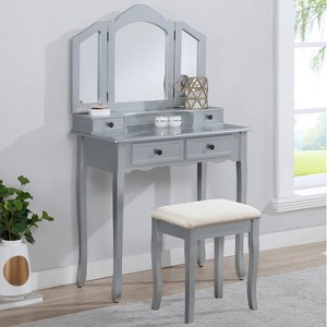 KTMBDW Vanity Table Set with Tri-Folding Mirror, Makeup Vanity, Vanity Desk with Mirror and Cushioned Stool, Makeup Table with 4 Drawers - 1 of 4