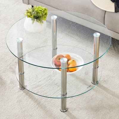 Syemin Round End Table Set Two Layer Coffee Table with Tempered Glass Top for Modern Living Room, Clear, 27.5"*27.5"*16.5"