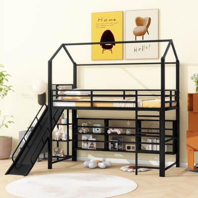 Whisen Elegant Design Twin Size House Metal Loft Bed with Shelves and Slide