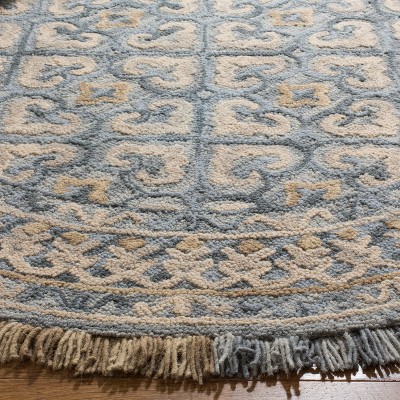 Blossom Light Beige and Blue Hand-Tufted Wool Round Rug