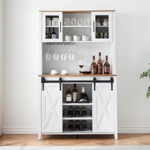 70'' Wine Bar Cabinet with Storage Hutch, Tall Coffee Bar Cabinet with Sliding Barn Doors - 1 of 4