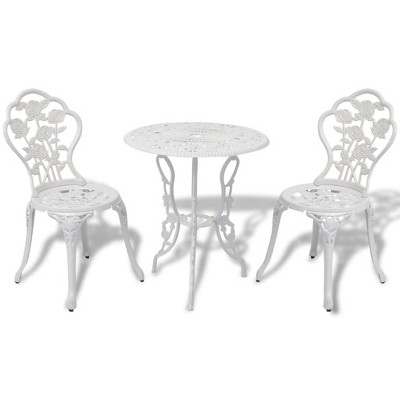 vidaXL Patio Bistro Set – 3-Piece Outdoor Dining Set with Round Table and 2 Chairs, Cast Aluminum Top, Iron Legs, Delicate Floral Pattern, White