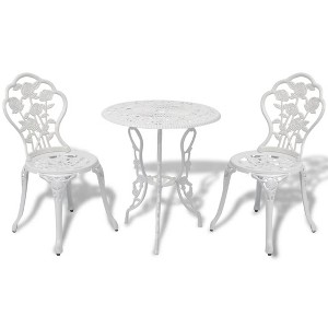 vidaXL Patio Bistro Set – 3-Piece Outdoor Dining Set with Round Table and 2 Chairs, Cast Aluminum Top, Iron Legs, Delicate Floral Pattern, White - 1 of 4