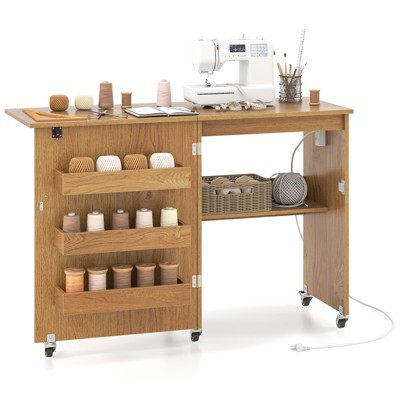 Tangkula Sewing Machine Table with Charging Station Folding Sewing Cabinet w/Lockable Casters