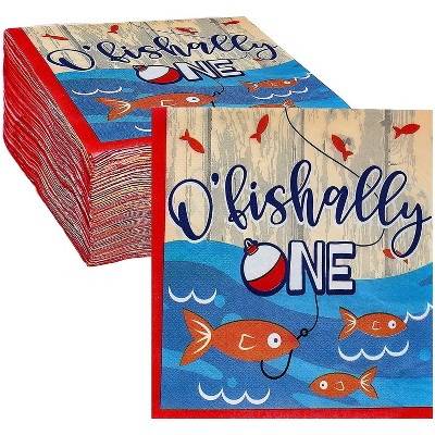Blue Panda 100 Pack O'fishally One Paper Disposable Napkin Napkins for Kids 1st Birthday Party, 6.5"