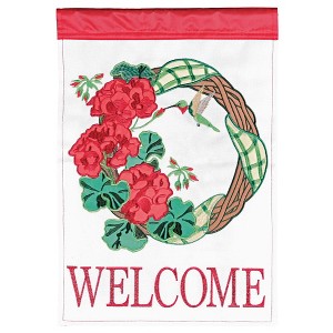 Dicksons Magnolia Garden Welcome Geranium Wreath Hummingbird Red 18 x 13 Polyester Outdoor Garden Flag - 1 of 2