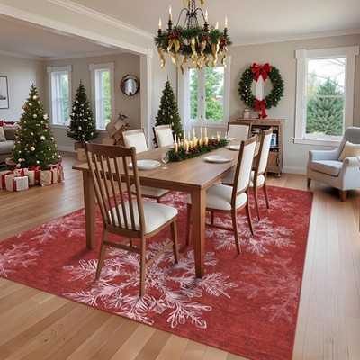 Christmas Area Rug, Snowflake Print Washable Throw Carpet with Non Slip Backing, Low Pile Stain Resistant Floor Mat for Living Room, Bedroom