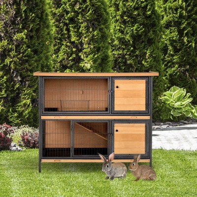 2 Level Outdoor Rabbit Hutch with Run and Ramp,Wooden Bunny Cage with Openable Roof Removable Tray - LAOTIES