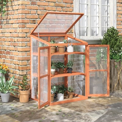 Natural Wood Mini Greenhouse with Adjustable Shelves and Transparent Panels
