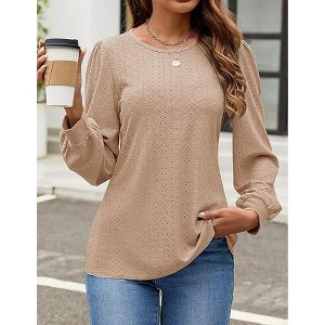 Women's Round Neck Top Puff Sleeve Casual Long Sleeve Tshirt Top Blouse - 1 of 4