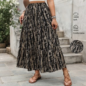 Women's Plus Size Summer Casual Boho Maxi Skirt Elastic High Waist Bohemian Work Flowy Long Skirt - 1 of 4