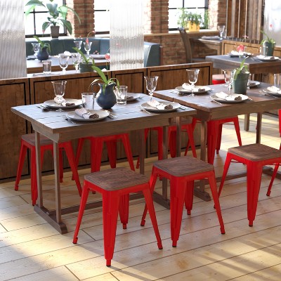 Red 18" Backless Metal Dining Stools with Wooden Seats, Set of 4