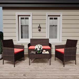 homfan 4-Piece All-Weather Wicker Patio Set, Outdoor Rattan Conversation Furniture with Cushions & Glass Table, for Garden, Porch, Poolside - 1 of 4