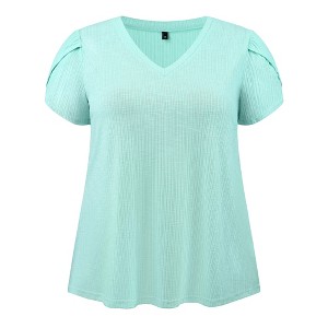 Women's Plus Size Summer V Neck Tulip Sleeve Loose Solid Basic Casual T Shirts - GRACE & GRANDEUR - 1 of 4
