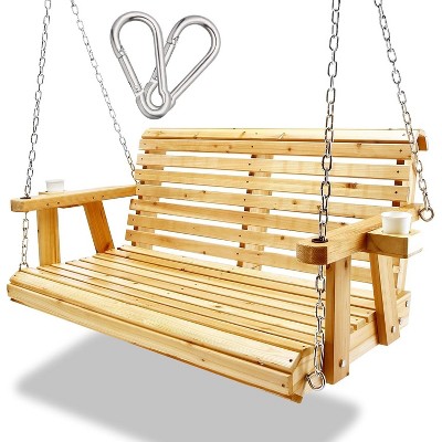 2-Seater Patio Swing Chair with Cup Holders, Wooden Porch Swing with Hanging Chain, Outdoor Swing Bench for Porch Courtyard Garden Balcony, Burly wood