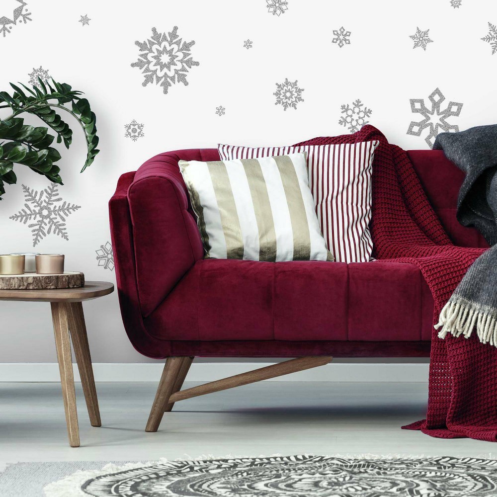 Glitter Snowflakes Peel and Stick Wall Decal Gray - RoomMates: Reusable Vinyl Decor, Modern Style, 47 Pieces