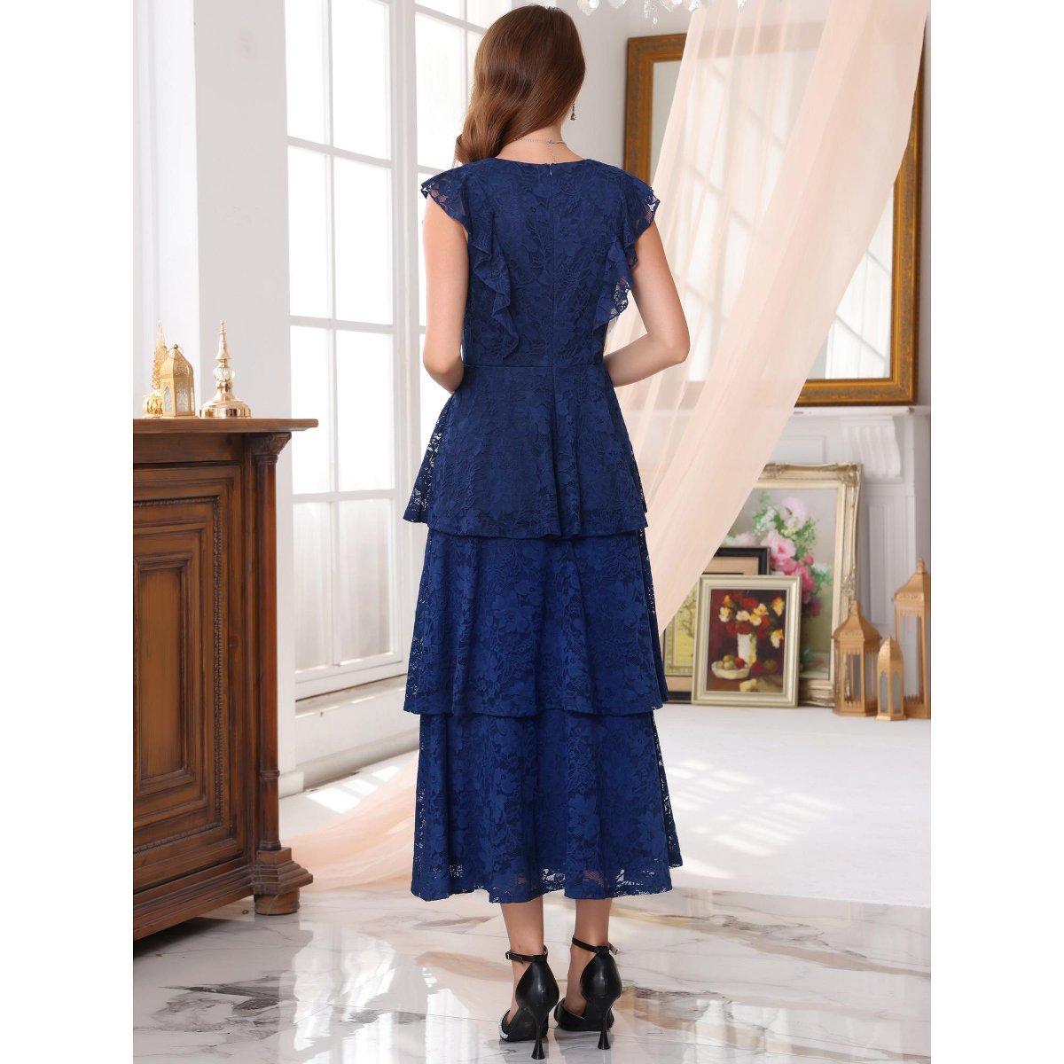 Женские платья INSPIRE CHIC Women's Lace Cocktail Evening Ruffle Cap Sleeves Tiered A-Line Maxi Dresses Medium Blue — фото 4