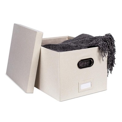 Cream Linen Collapsible File Storage Organizer with Lid